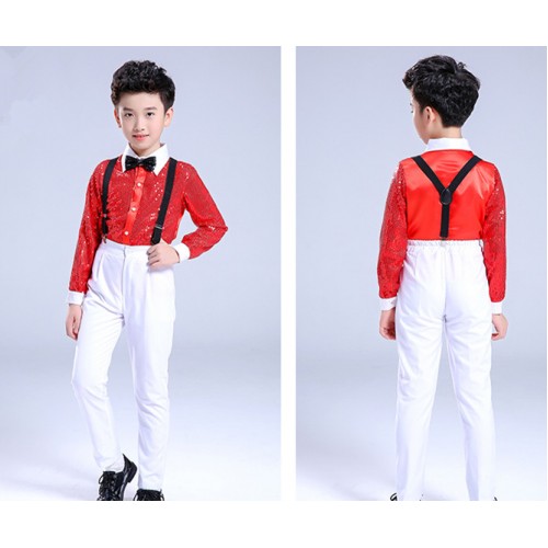 Modern dance costumes for boys children jazz chorus stage performance singers school competition tops and suspender pants